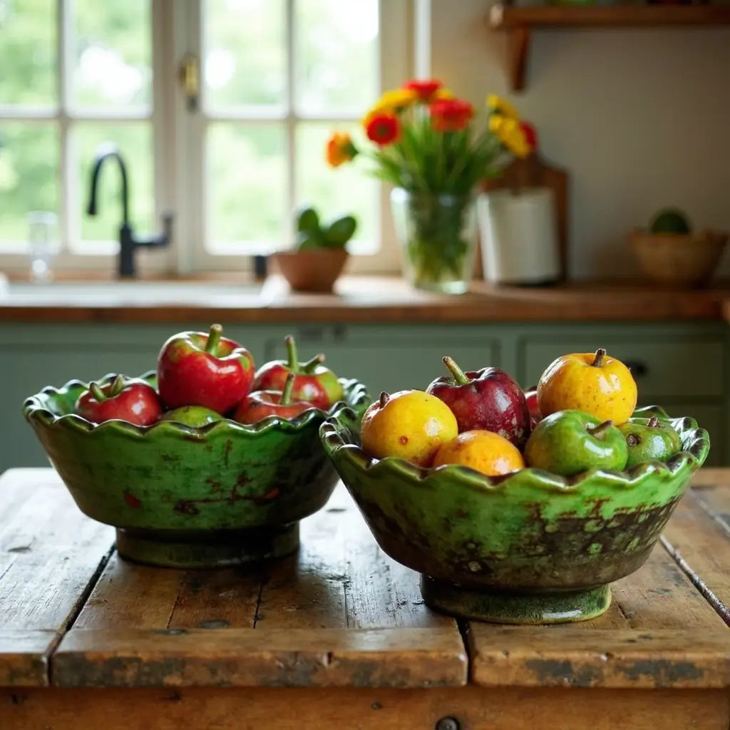 Set of 3 Tamegroute Green Ceramic Bowls – Handcrafted Ruffled Edge Serving Di… image 3