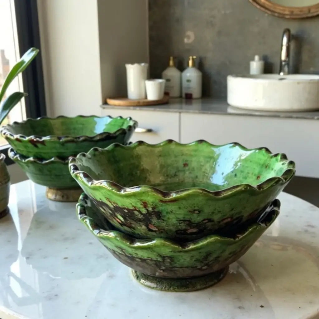 Set of 3 Tamegroute Green Ceramic Bowls – Handcrafted Ruffled Edge Serving Di… image 4