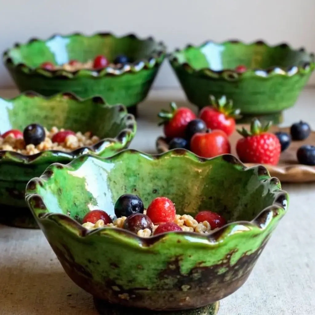 Set of 3 Tamegroute Green Ceramic Bowls – Handcrafted Ruffled Edge Serving Di… image 5