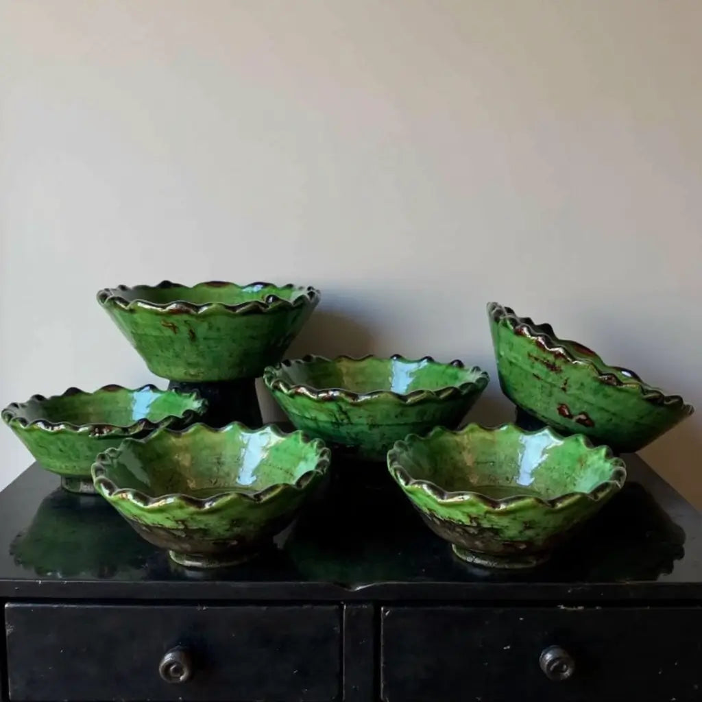 Set of 3 Tamegroute Green Ceramic Bowls – Handcrafted Ruffled Edge Serving Di… image 6