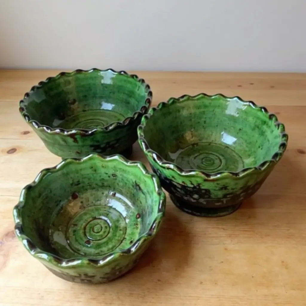 Set of 3 Tamegroute Green Ceramic Bowls – Handcrafted Ruffled Edge Serving Di… image 8