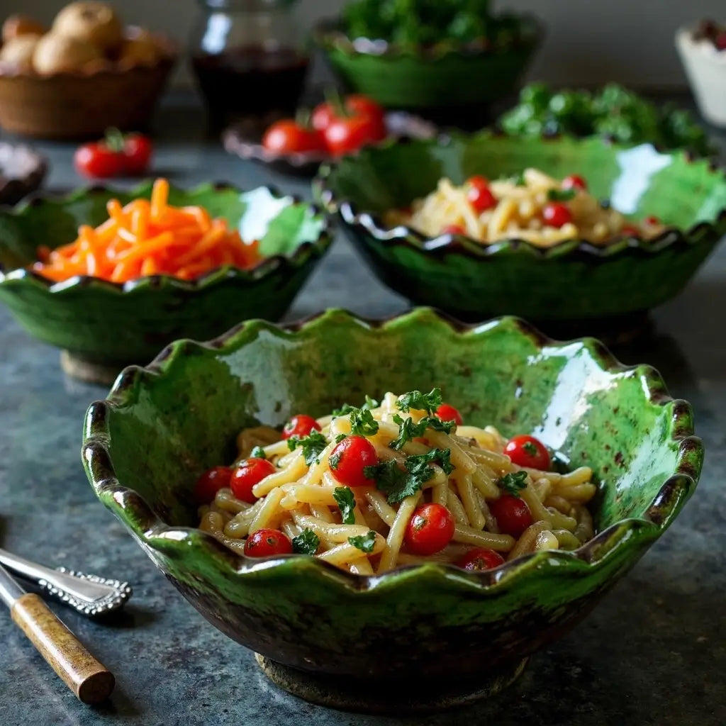 Set of 3 Tamegroute Green Ceramic Bowls – Handcrafted Ruffled Edge Serving Di… image 9