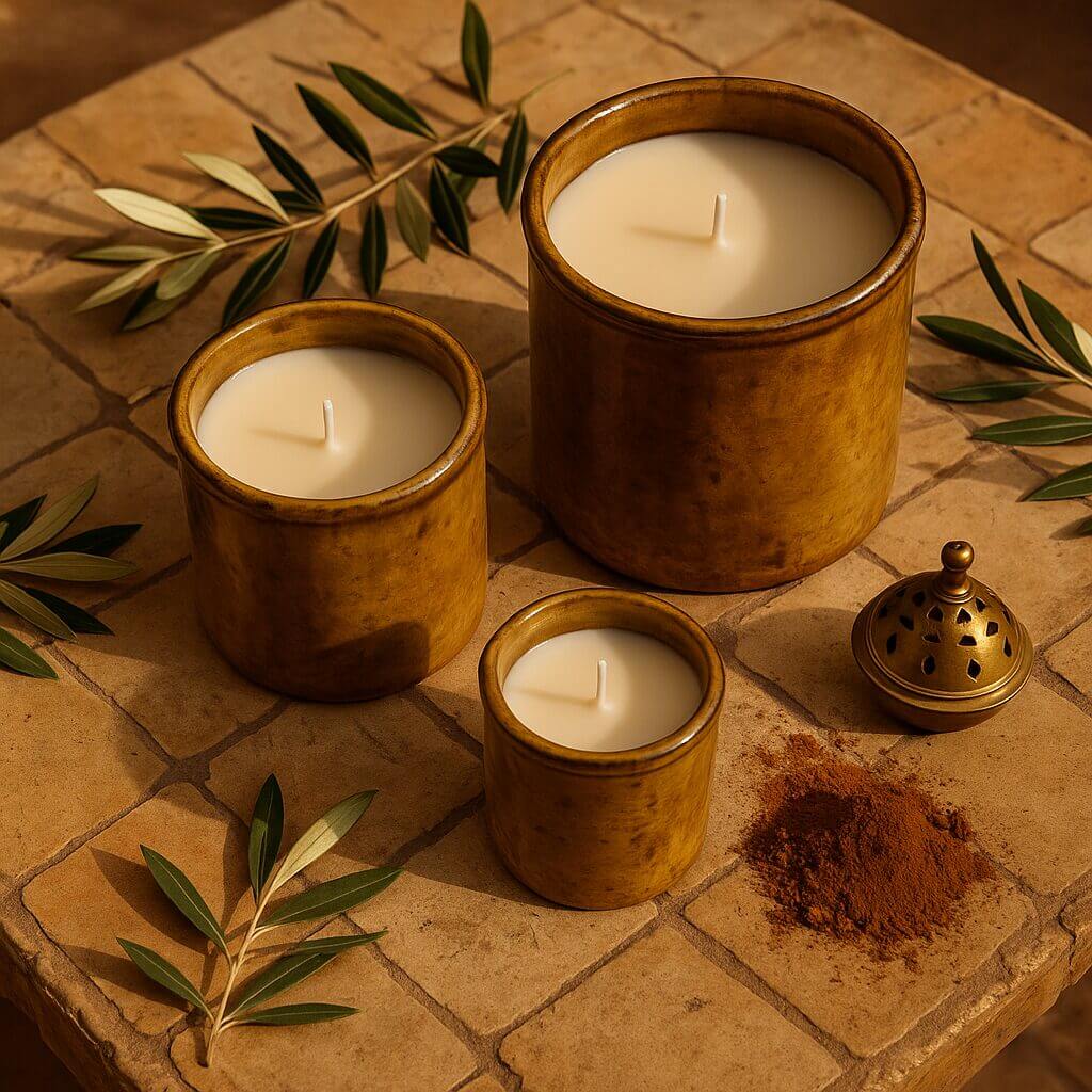 Artisanal Tamegroute Ceramic Candle – Green & Sahara Ochre image 9