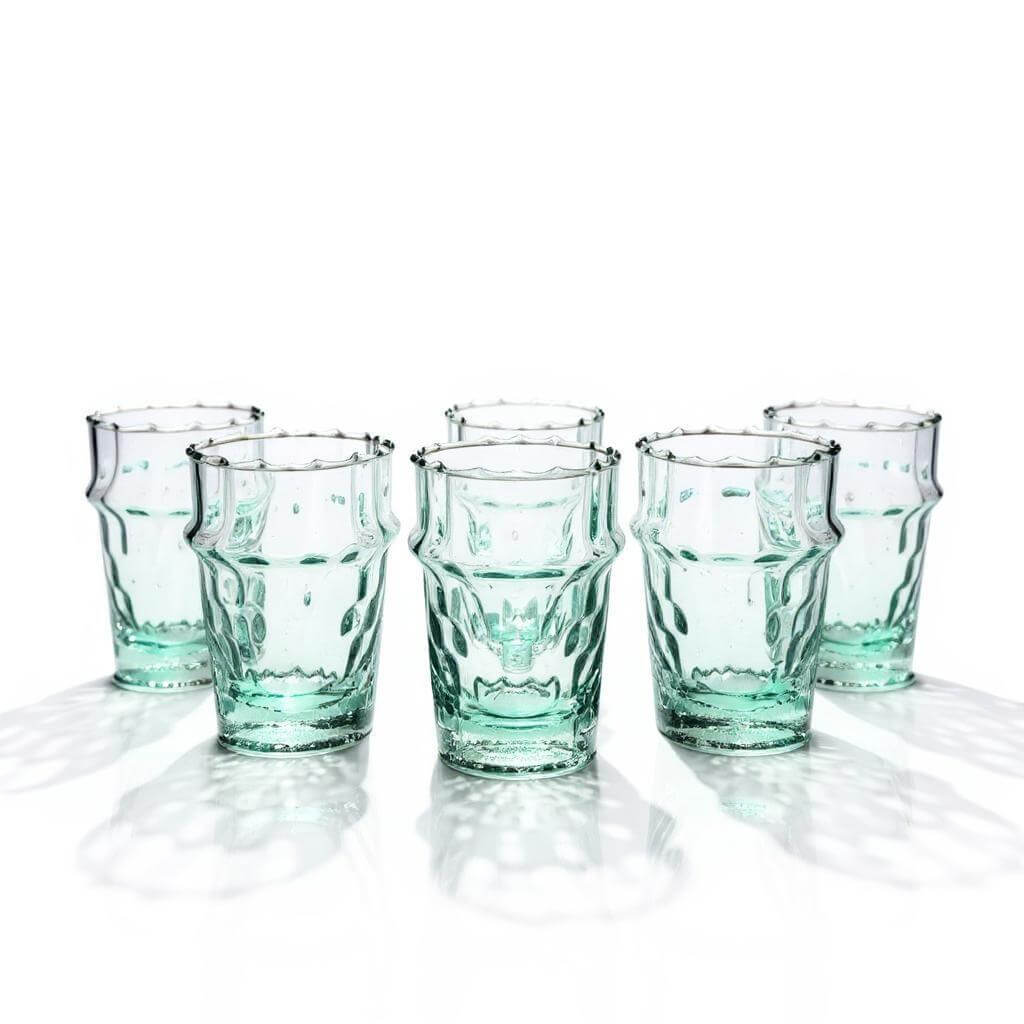 Traditional Handblown Diamond Pattern Tea Glasses – Blue-Green Set of 6 image