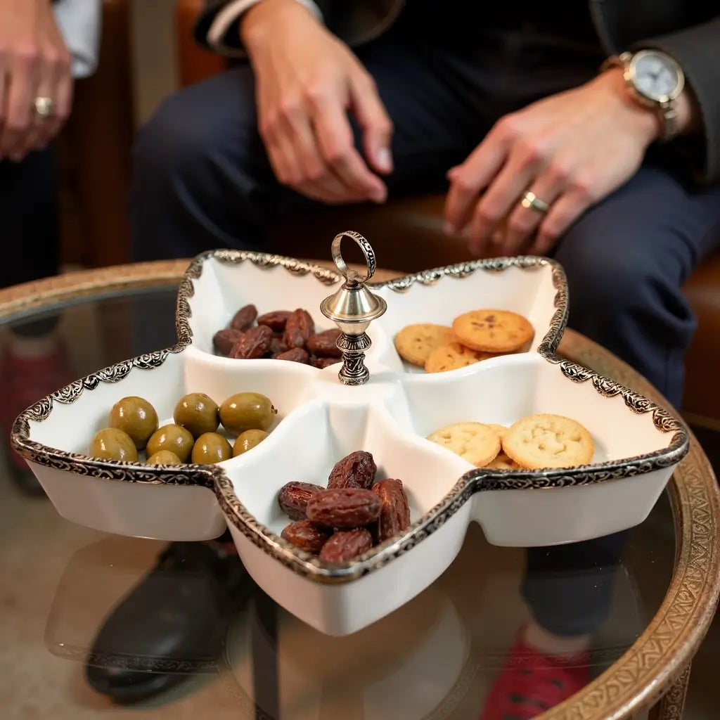White Ceramic Divided Plate with Silver Accents – 5-Compartment Serving Dish image 5