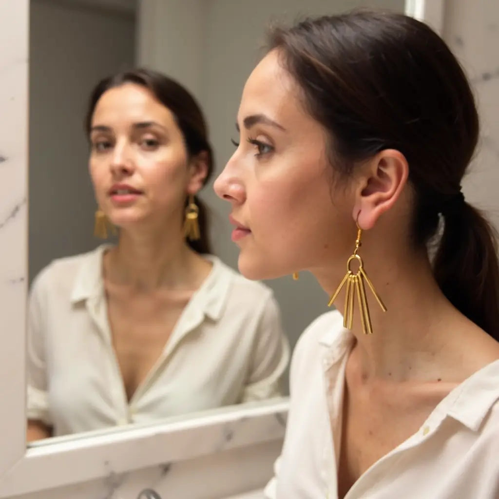 Handmade Brass Fringe Earrings – Gold Sunburst Stick Drop Design image 4