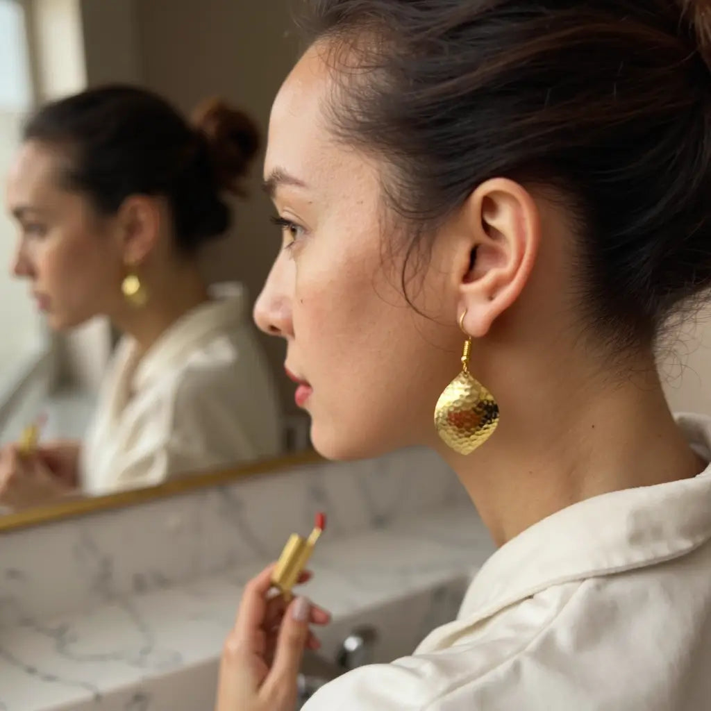 Handmade Brass Leaf Earrings – Hammered Gold Nature-Inspired Design image 5