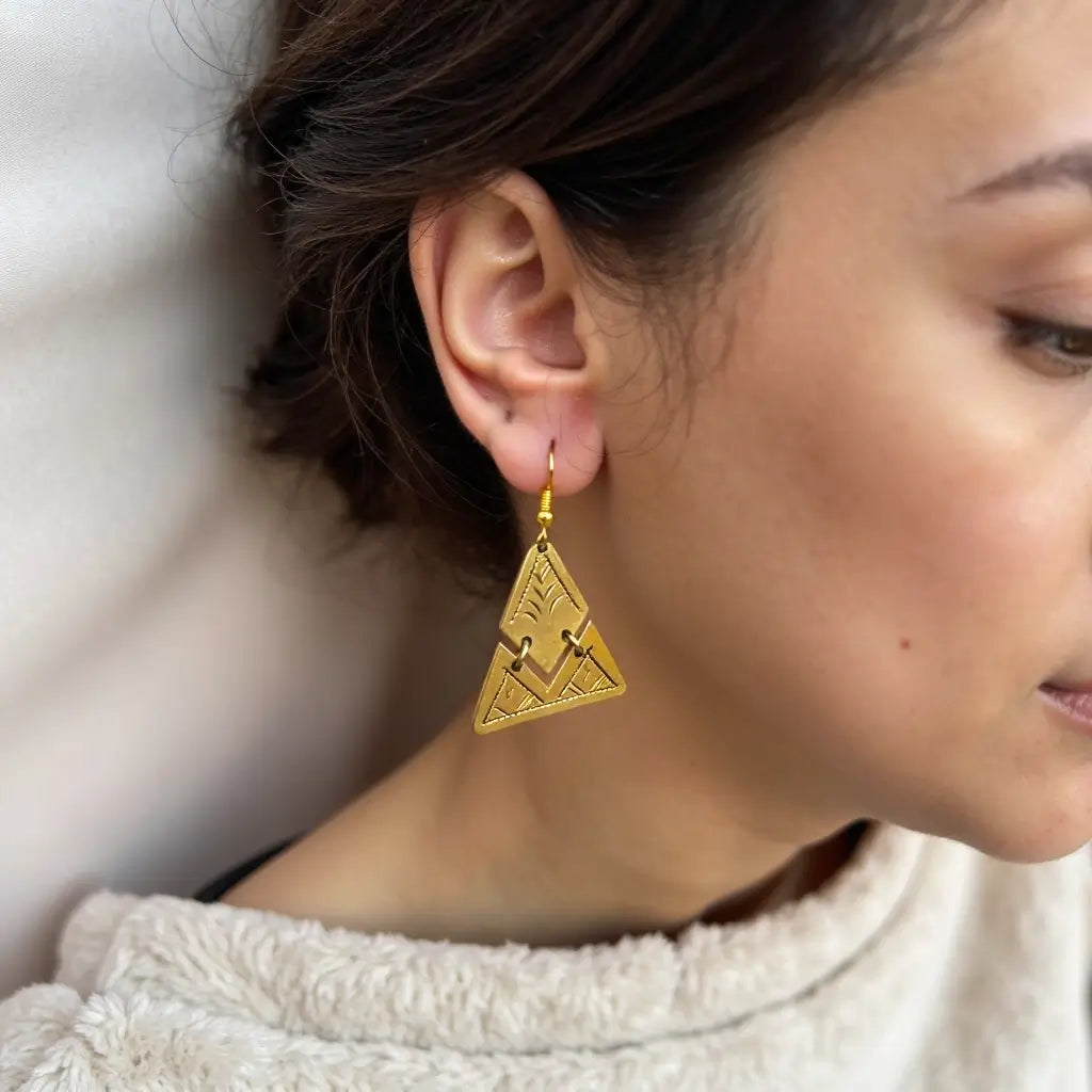 Handmade Brass Triangle Earrings – Gold Geometric Moroccan Design image 4