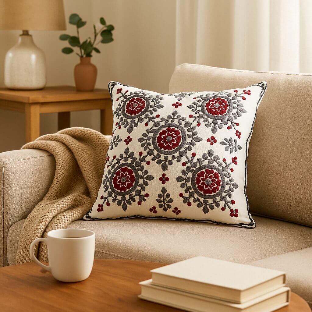 Silk-Embroidered Cotton Pillow Covers 18×18 – Red & Gray Floral Set of 2 image