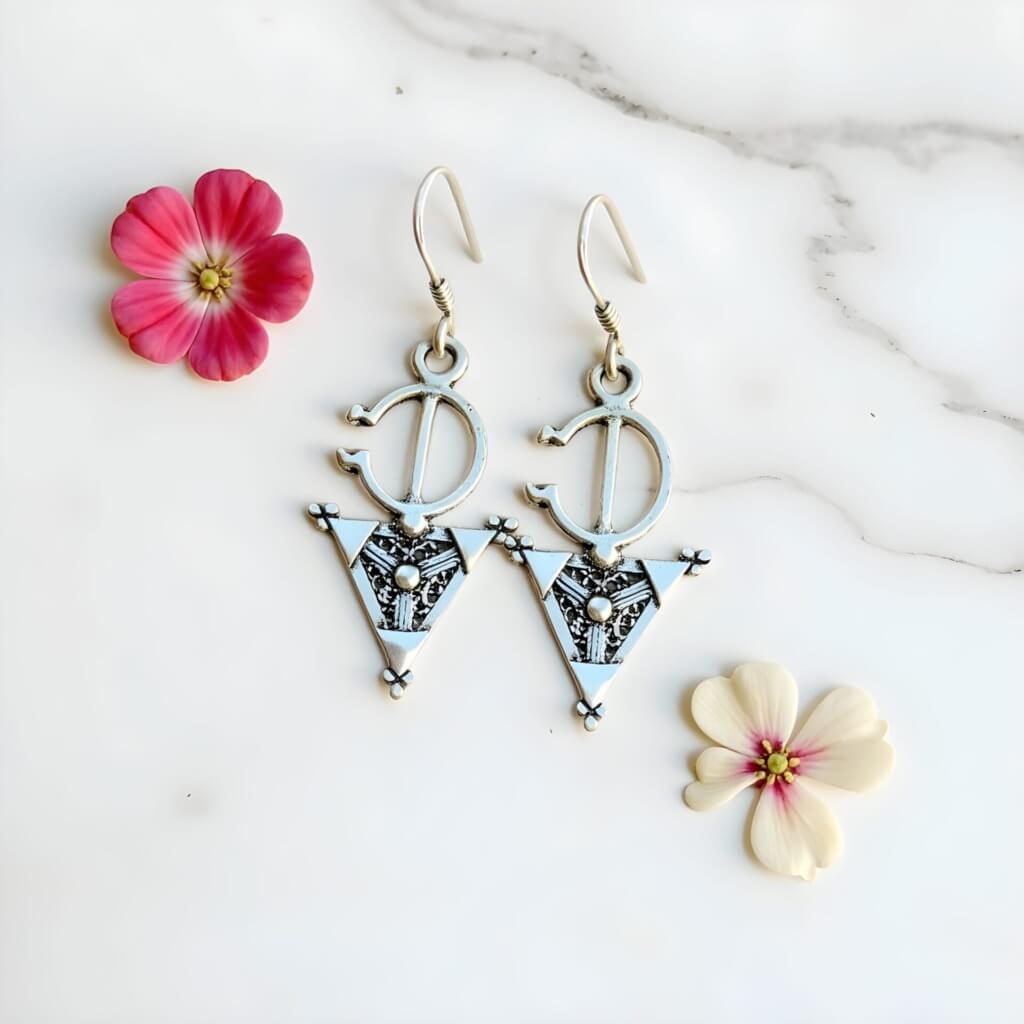 Handcrafted Berber Fibula Triangle Earrings – Sterling Silver Jewelry image