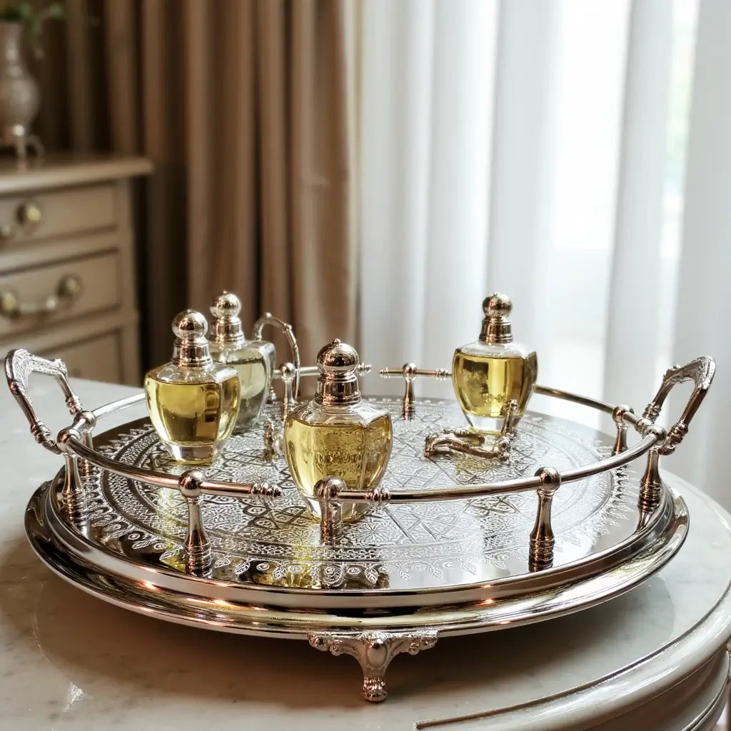 Hand-Engraved Silver Large Round Tray – Decorative Handles & Feet image 6