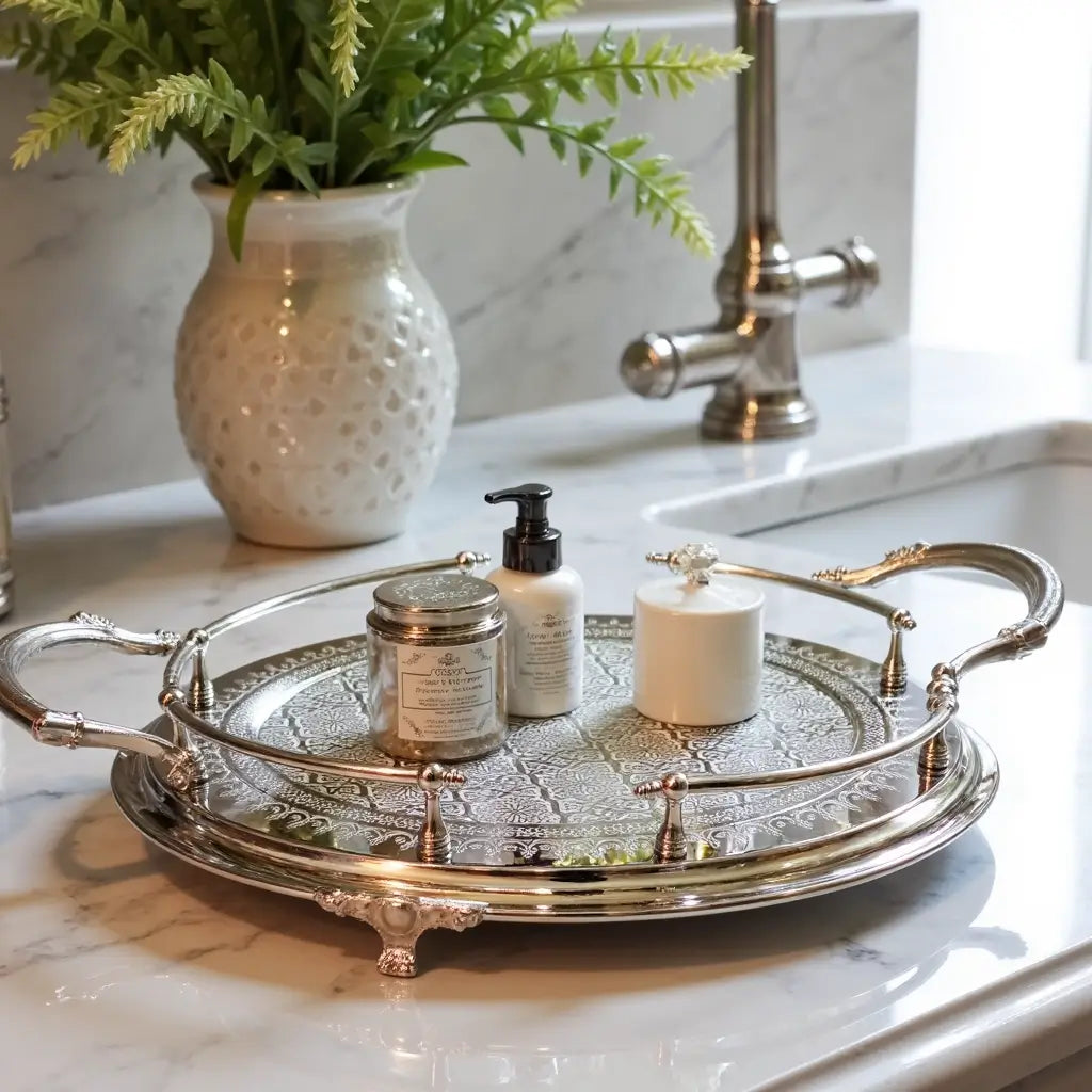 Hand-Engraved Silver Large Round Tray – Decorative Handles & Feet image 3