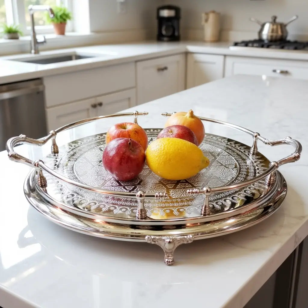 Hand-Engraved Silver Large Round Tray – Decorative Handles & Feet image 7