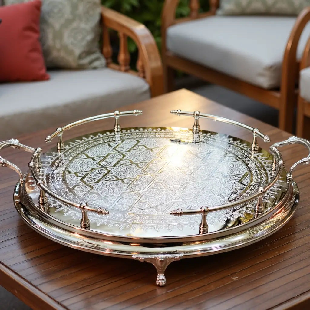 Hand-Engraved Silver Large Round Tray – Decorative Handles & Feet image 8
