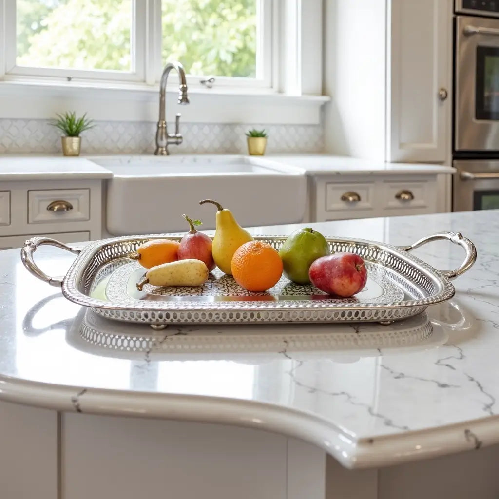 Hand-Engraved Oval Silver Serving Tray with Decorative Handles and Feet image 5
