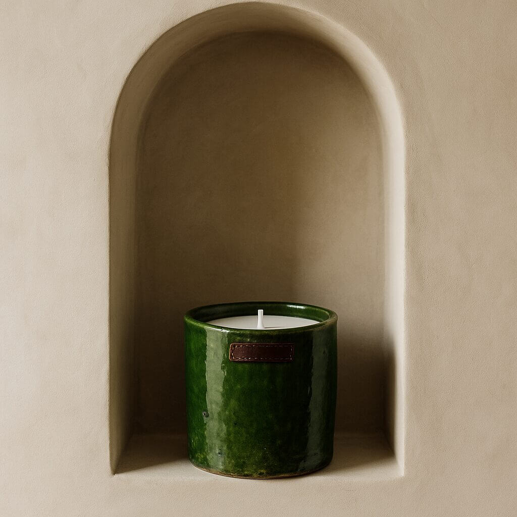 Artisanal Tamegroute Ceramic Candle – Green & Sahara Ochre image 8