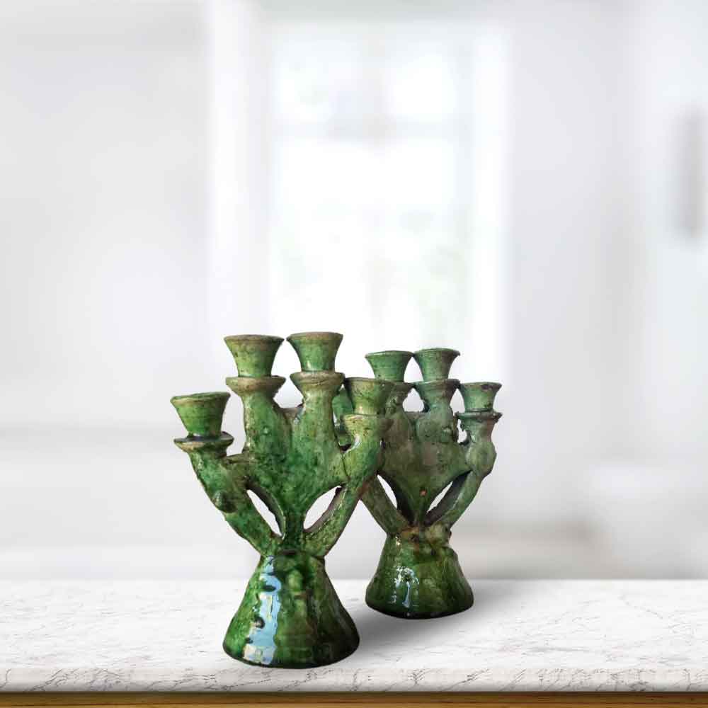 Set of 2 Handmade Green Pottery Candle Holders from Tamegroute image 4