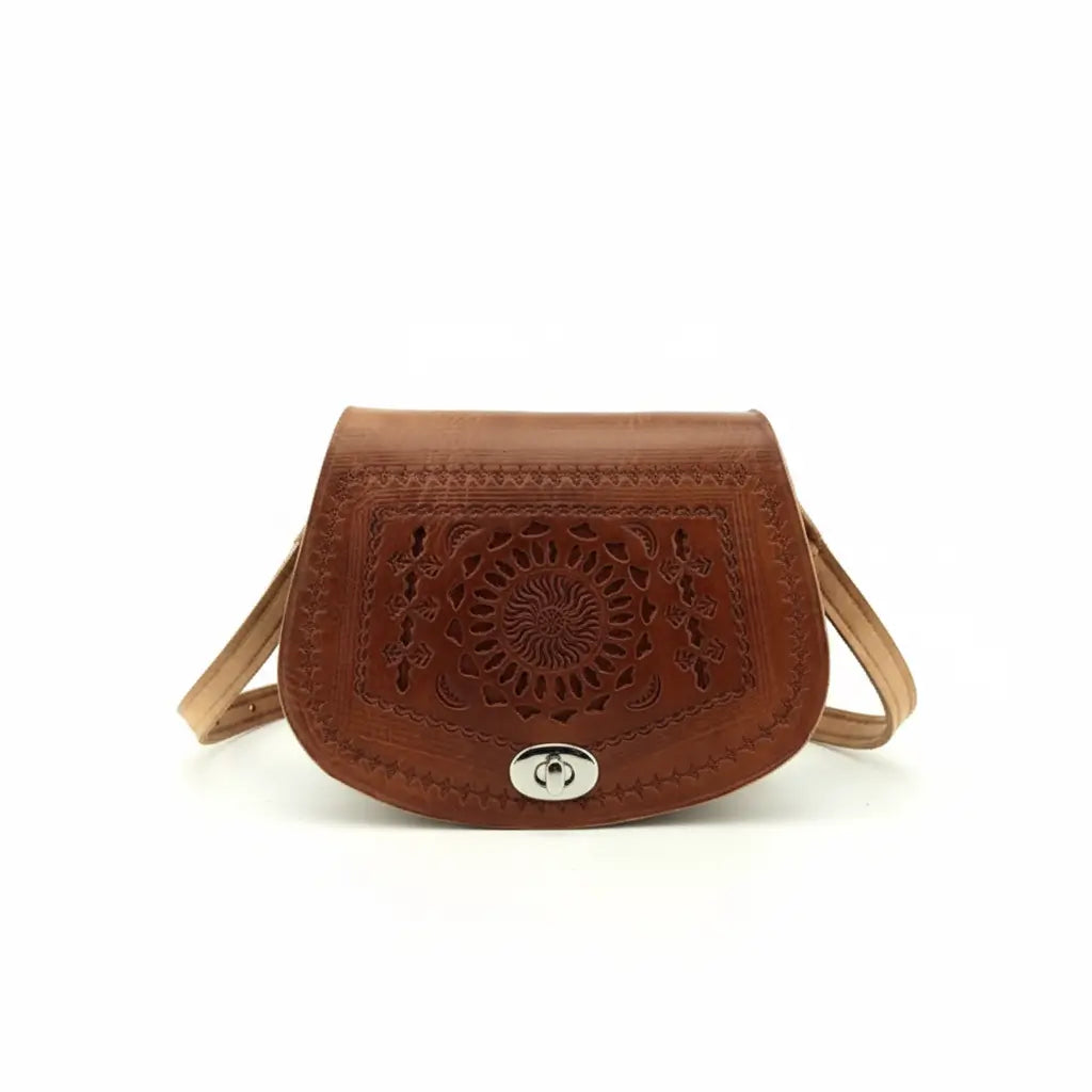 Embossed Leather Mandala Crossbody Bag – Handcrafted Saddle Purse image