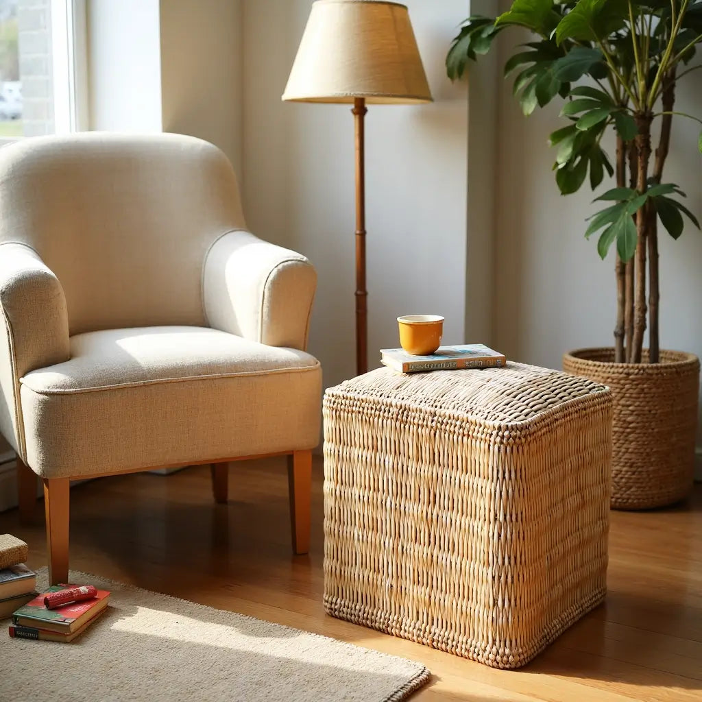 Handwoven Square Straw Ottoman Pouf – Natural Fiber Indoor/Outdoor Footstool image 11