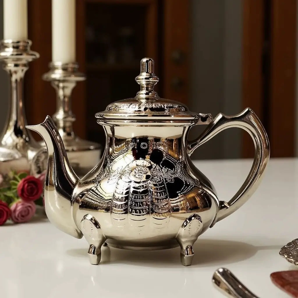 Hamsa Engraved Silver Teapot with Feet – Protective Symbol image