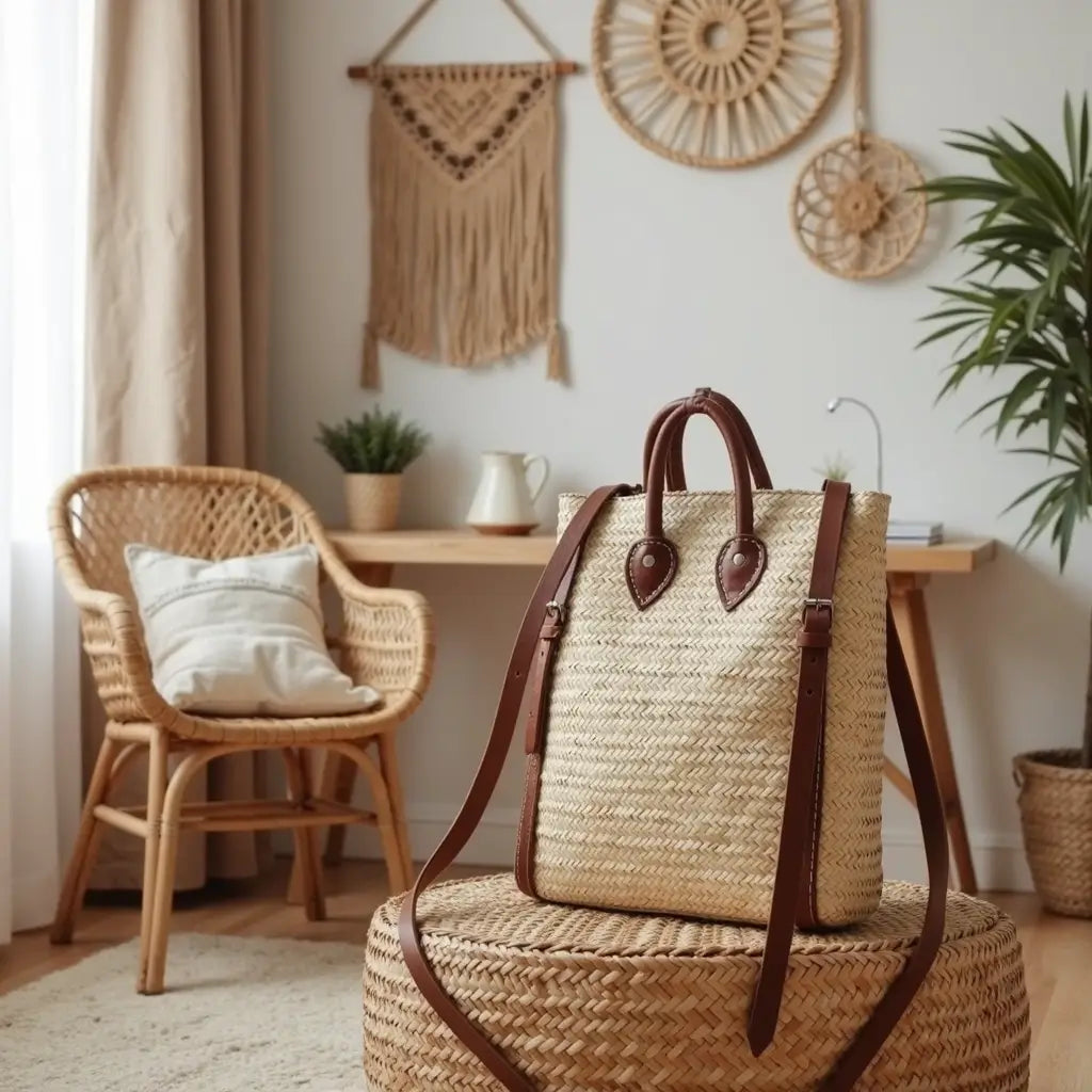 Handwoven Straw Backpack Purse – Convertible Natural Fiber Tote with Leather … image 5