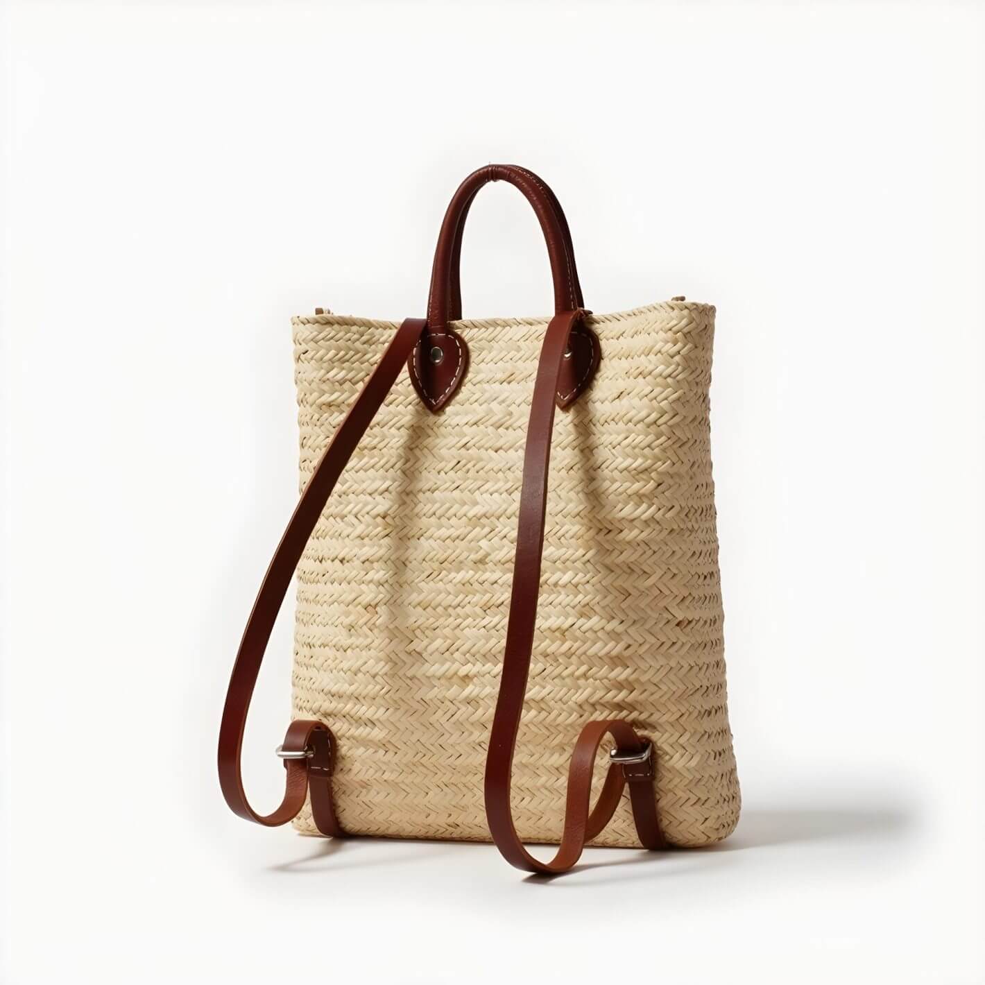 Handwoven Straw Backpack Purse – Convertible Natural Fiber Tote with Leather … image