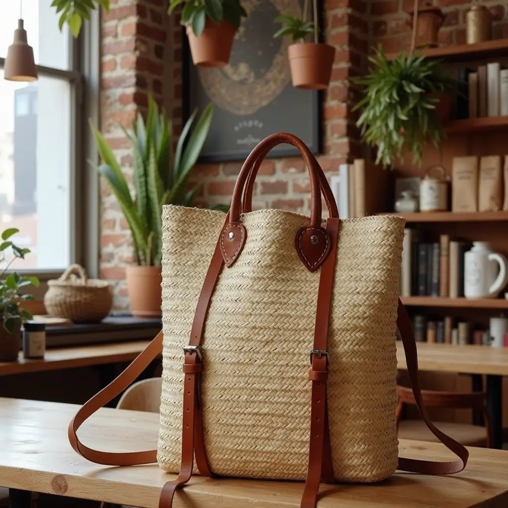 Handwoven Straw Backpack Purse – Convertible Natural Fiber Tote with Leather … image 3