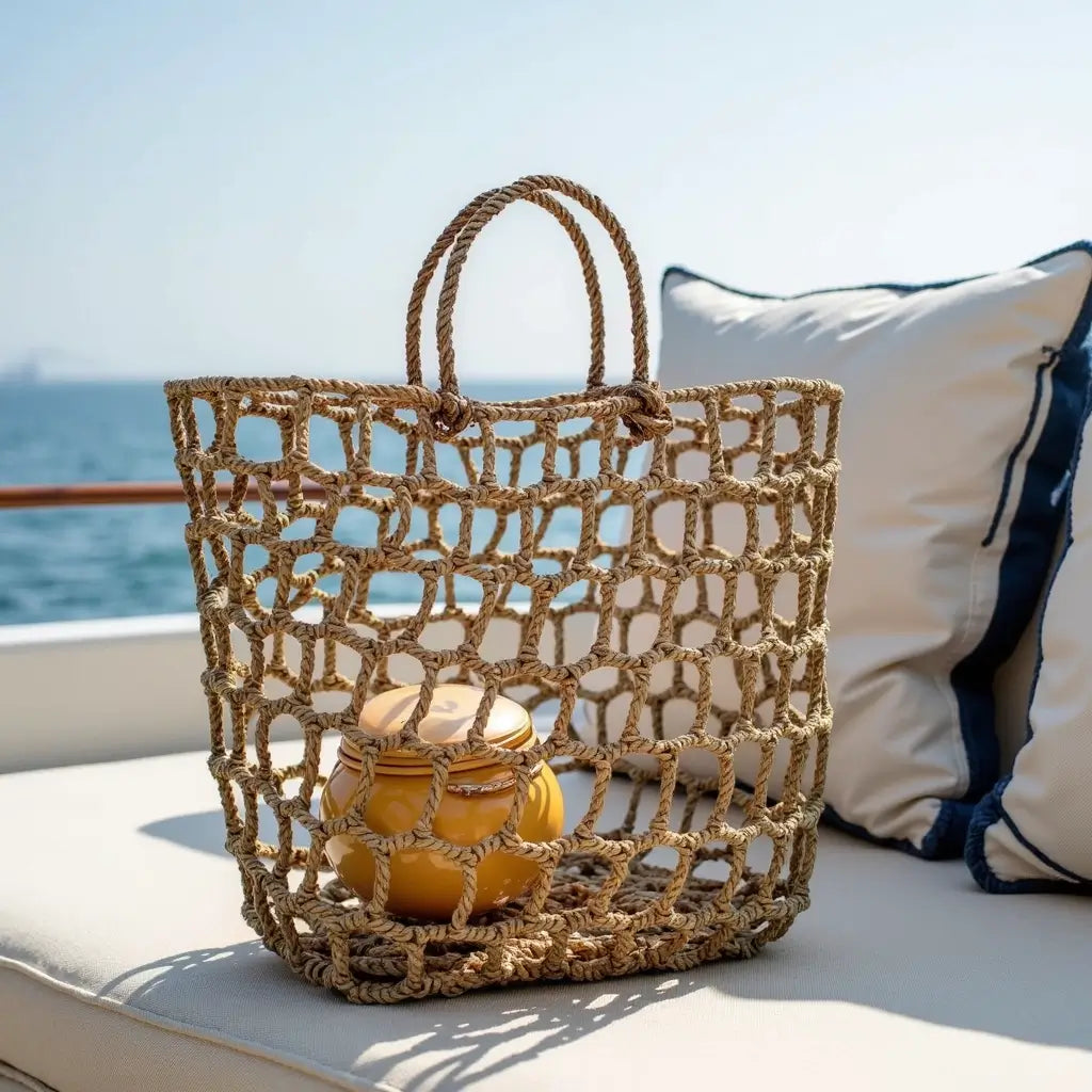Handwoven Mesh Straw Beach Bag – Natural Open Weave Tote 14.17″ image 7