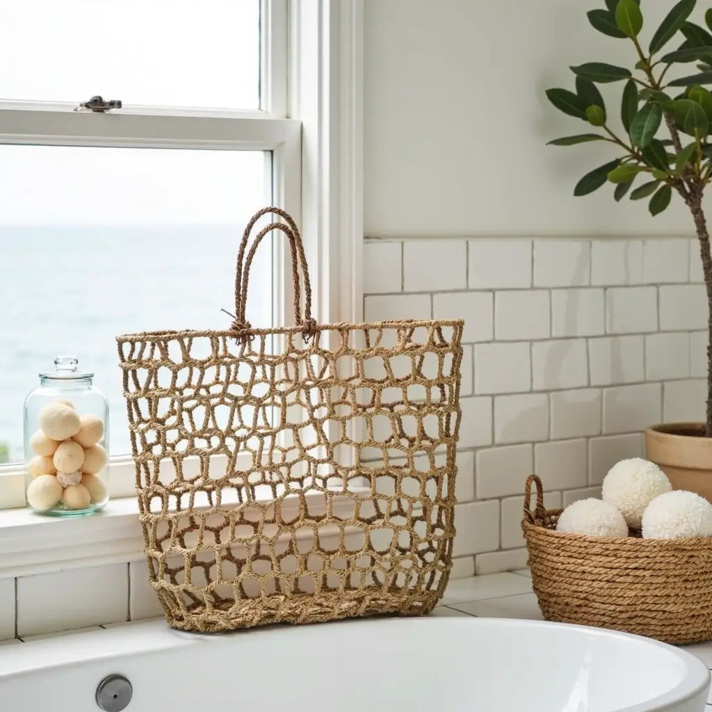 Handwoven Mesh Straw Beach Bag – Natural Open Weave Tote 14.17″ image 8