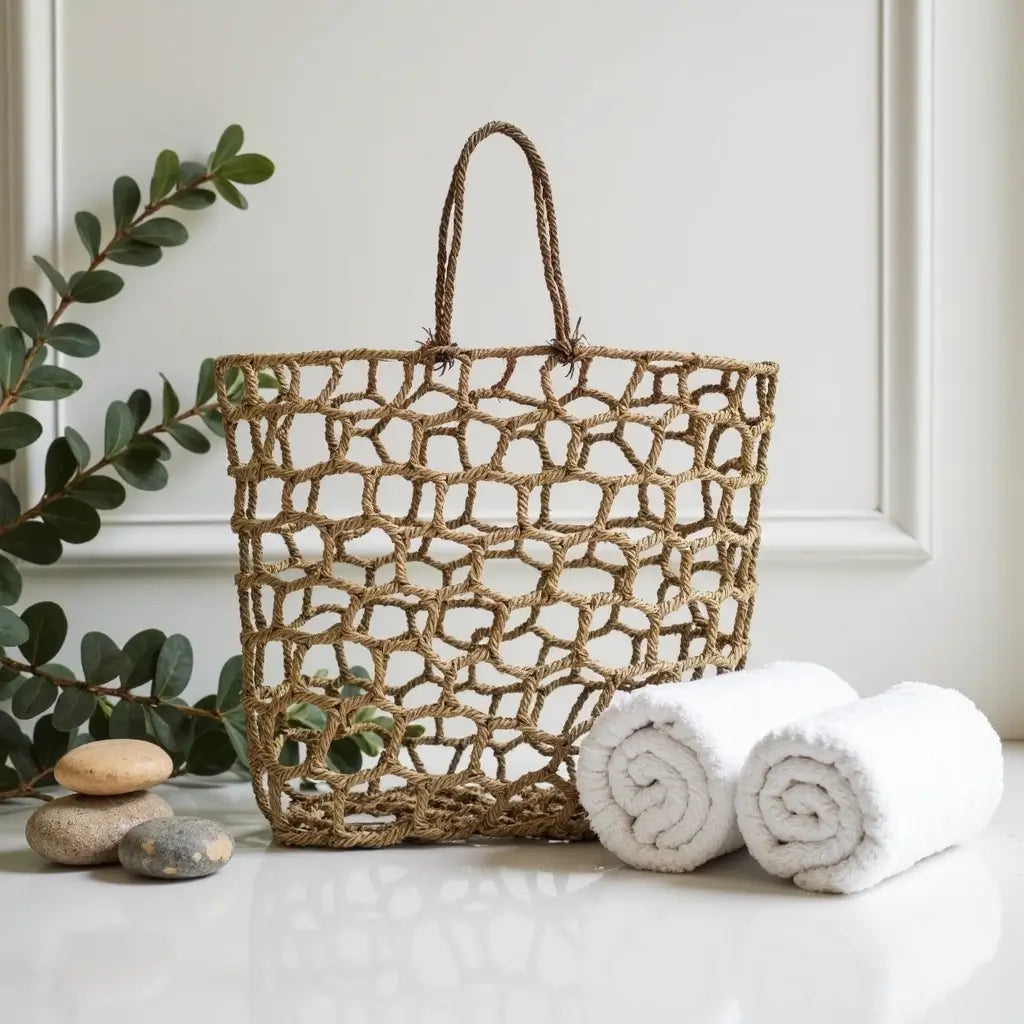 Handwoven Mesh Straw Beach Bag – Natural Open Weave Tote 14.17″ image 9