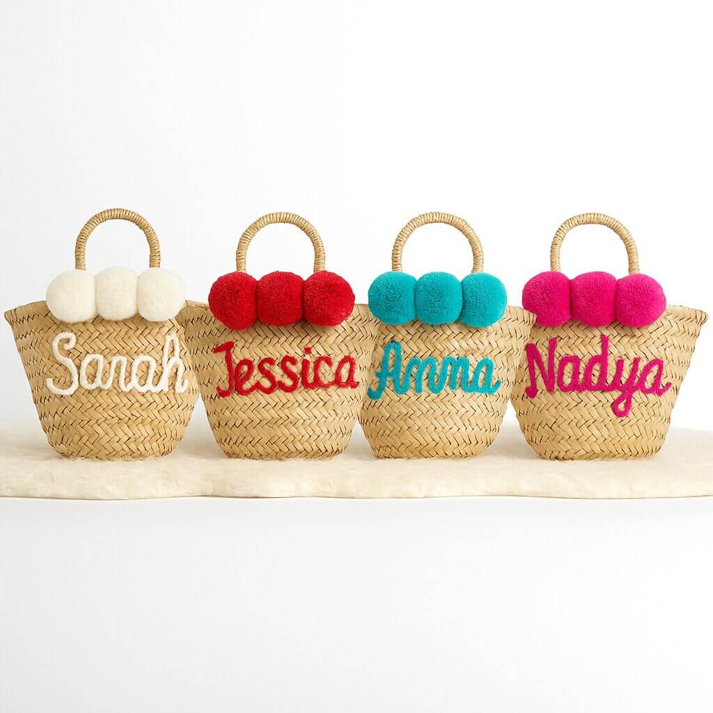 Personalized Mini Straw Bag Set – Custom Name Beach Bags with Pom Poms image