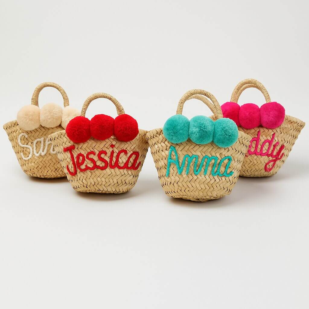 Personalized Mini Straw Bag Set – Custom Name Beach Bags with Pom Poms image 5