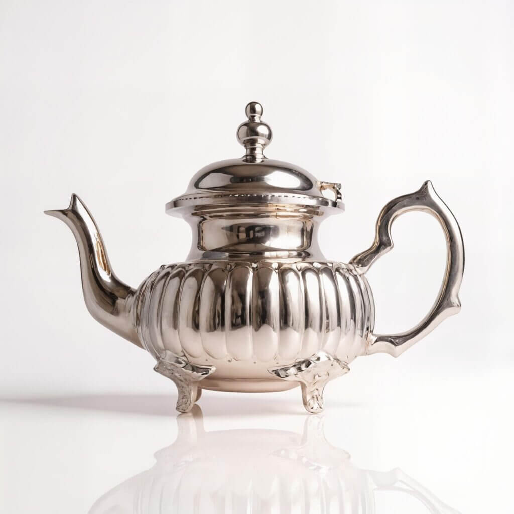 Handcrafted Ribbed Silver Teapot – Ornate Feet Design image