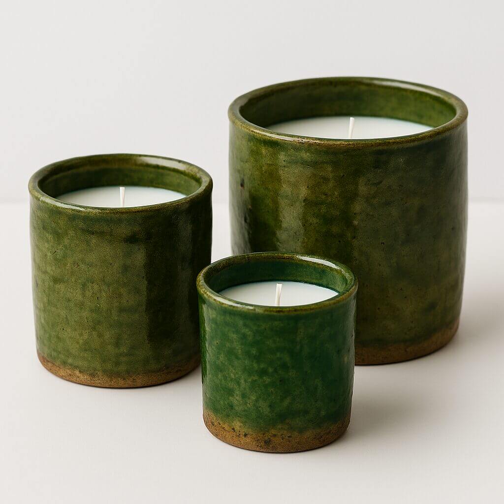 Artisanal Tamegroute Ceramic Candle – Green & Sahara Ochre image 2