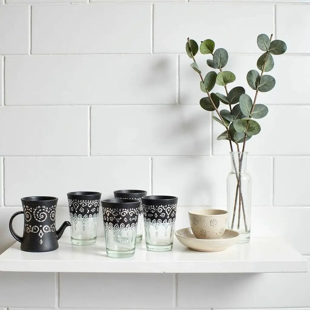 Black Pattern Moroccan Tea Glass Set of 6 – Hand-Decorated Entertaining image 2