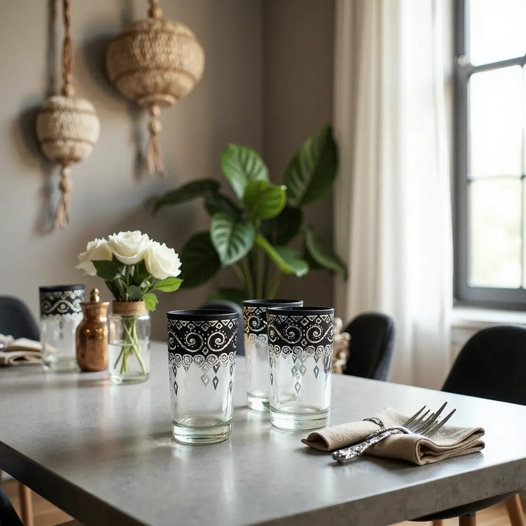 Black Pattern Moroccan Tea Glass Set of 6 – Hand-Decorated Entertaining image 3