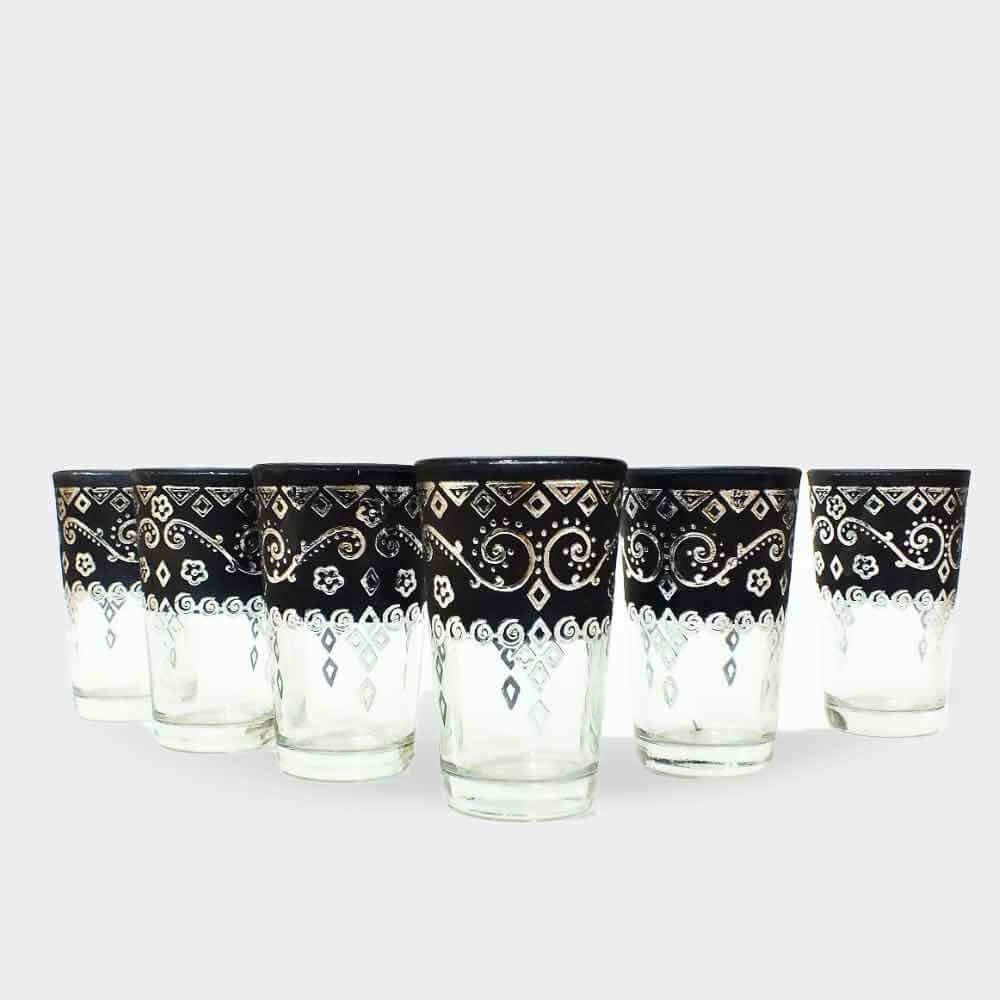 Black Pattern Moroccan Tea Glass Set of 6 – Hand-Decorated Entertaining image