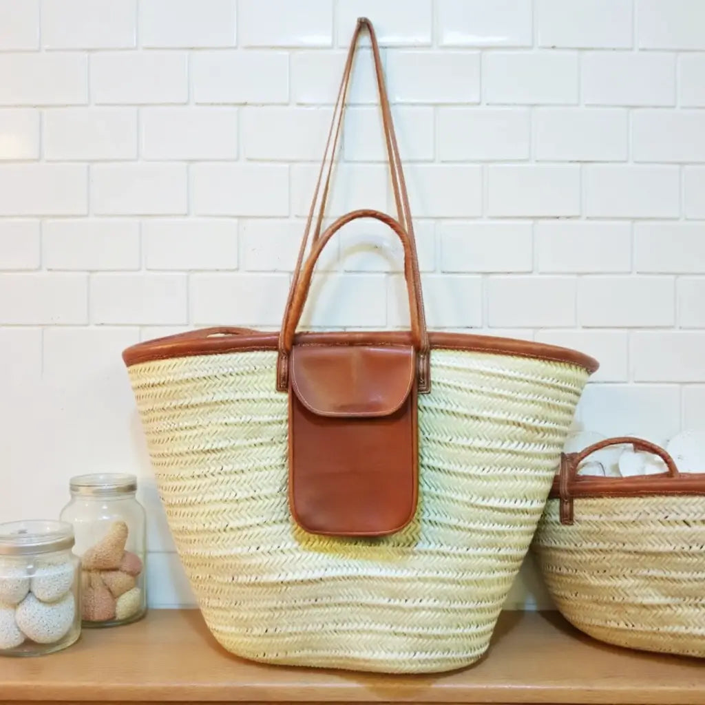 Natural Straw Beach Bag – Handwoven Tote with Leather Pocket & Straps image 4