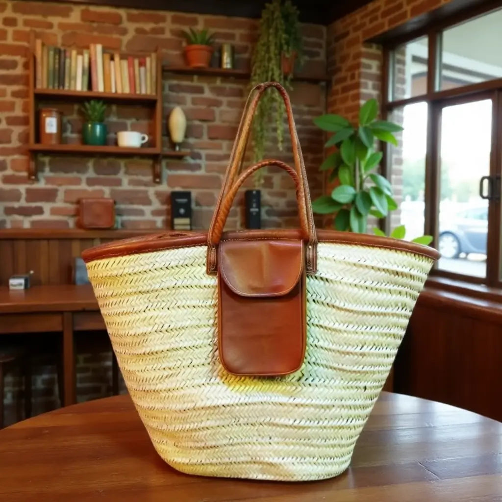Natural Straw Beach Bag – Handwoven Tote with Leather Pocket & Straps image 2