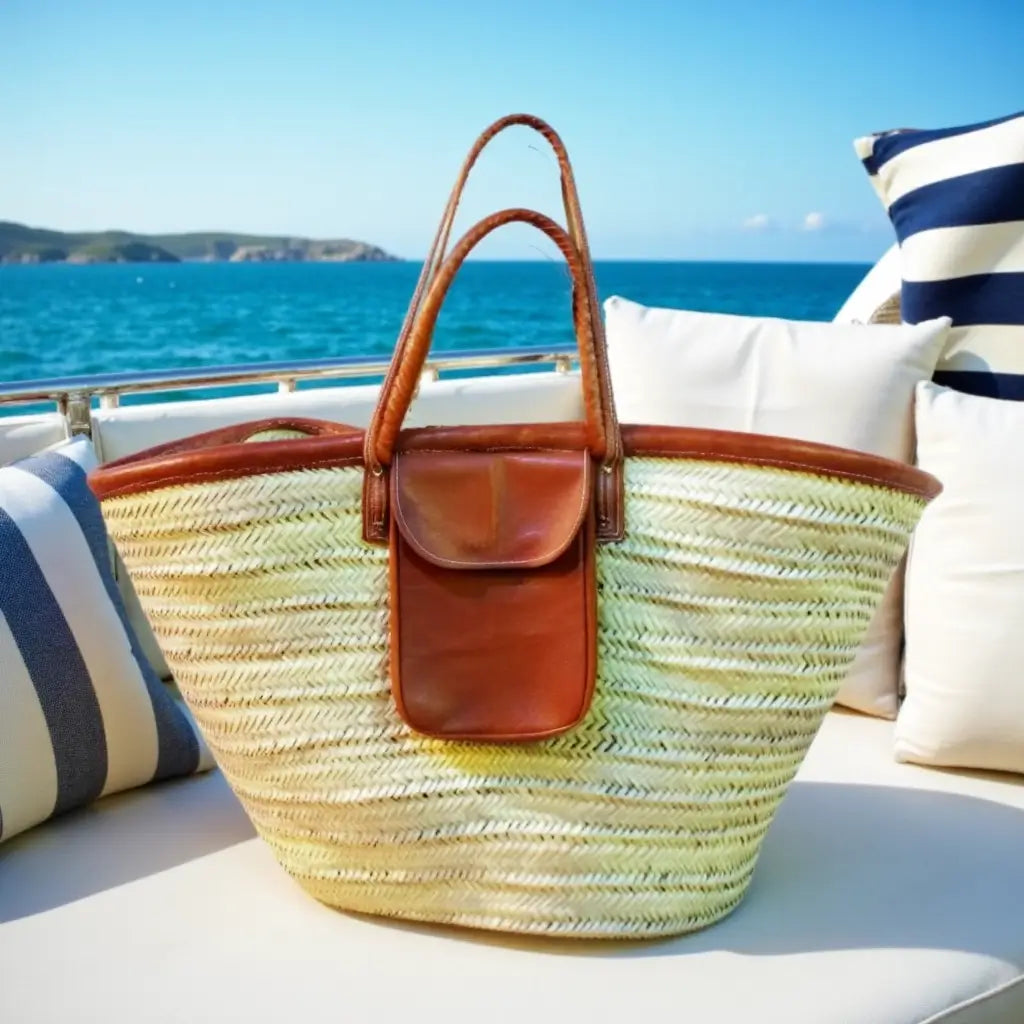 Natural Straw Beach Bag – Handwoven Tote with Leather Pocket & Straps image 3