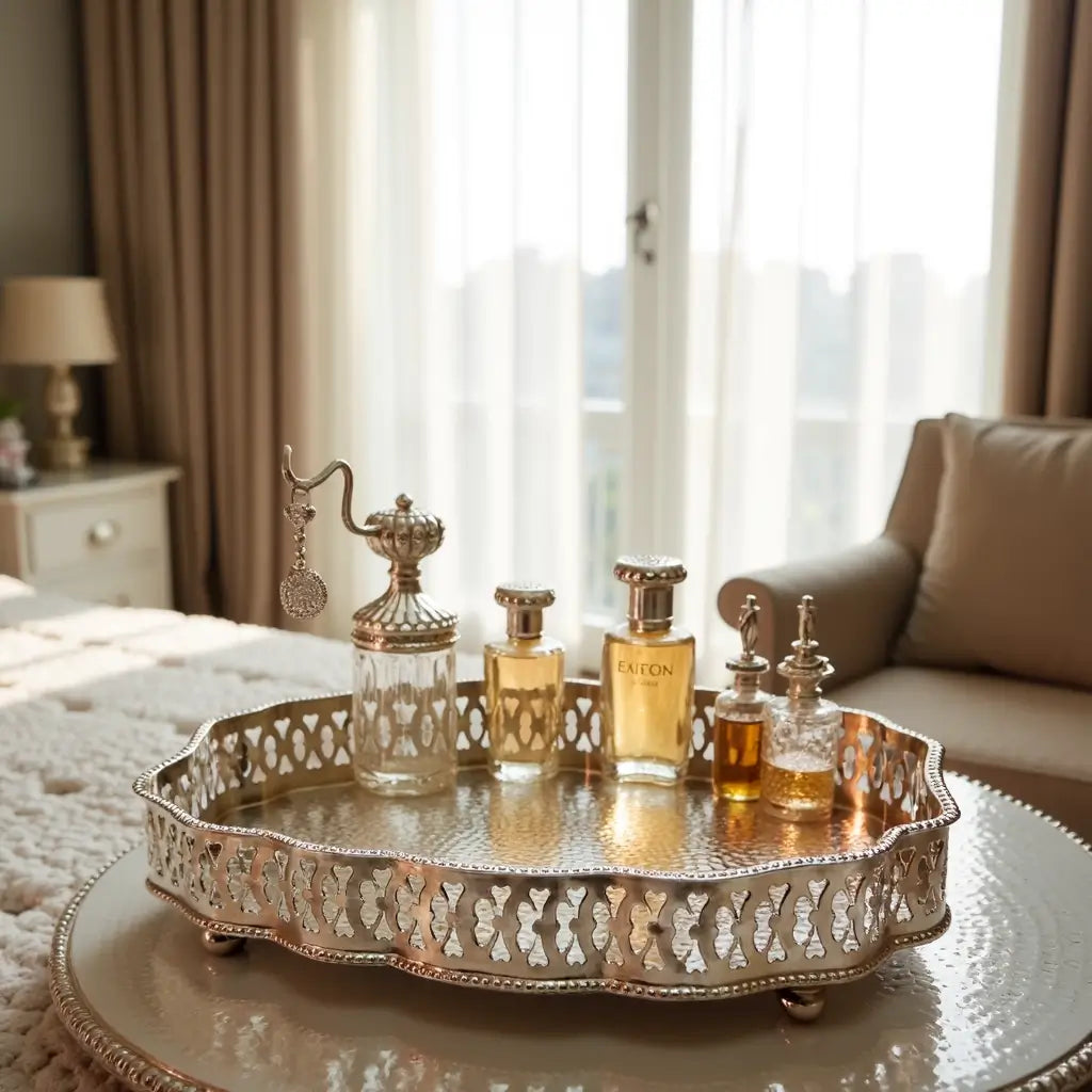 Hand-Hammered Oval Silver Serving Tray with Ornate Filigree Border image 3