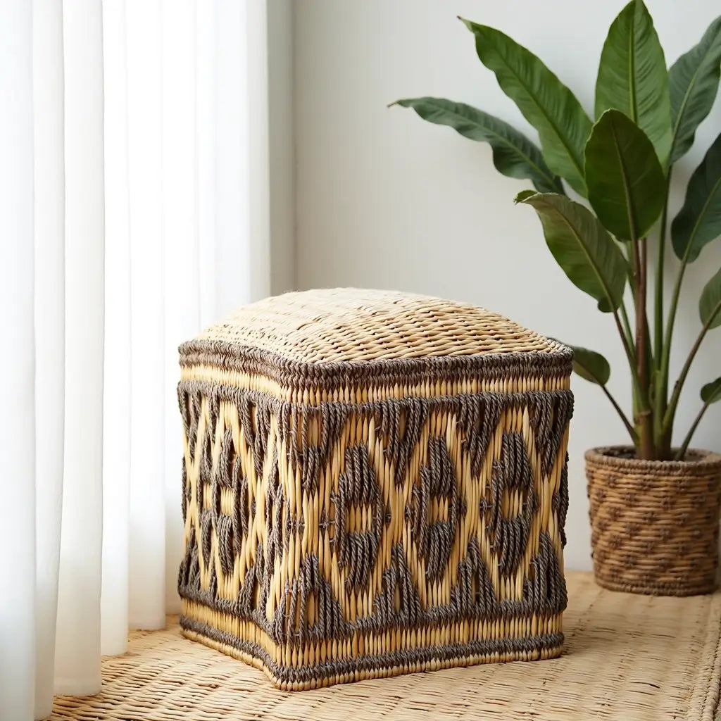 Handwoven Diamond Pattern Straw Floor Pouf – Versatile Natural Fiber Accent image 8