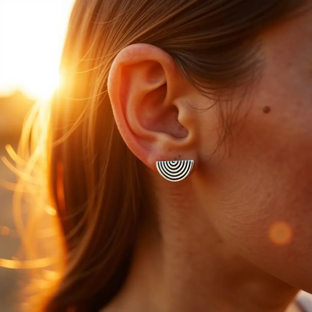 Sterling Silver Half Circle Earrings – Berber Stripe Design image 3