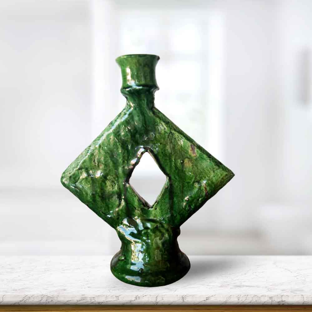 Tamegroute Green Ceramic Candle Holder 35cm – Diamond Cutout Design image 6