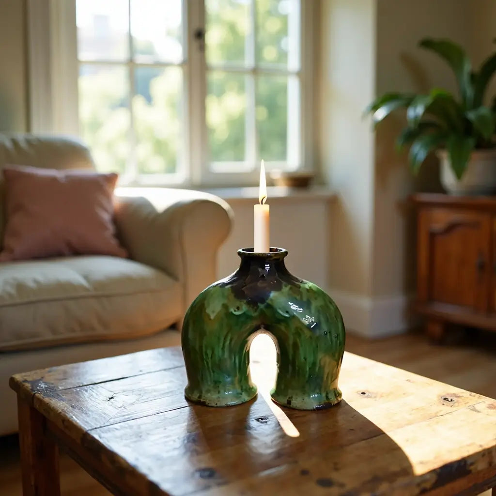 Handcrafted Green Tamegroute Ceramic Arch Candleholder – Artisanal Candle Holder image 4