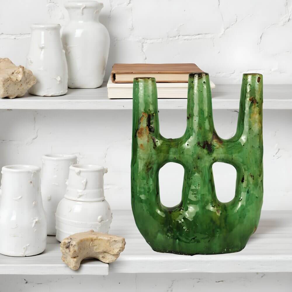 Handcrafted Tamegroute Ceramic Candle Holder – Double Arch Design 12.8″ image 3