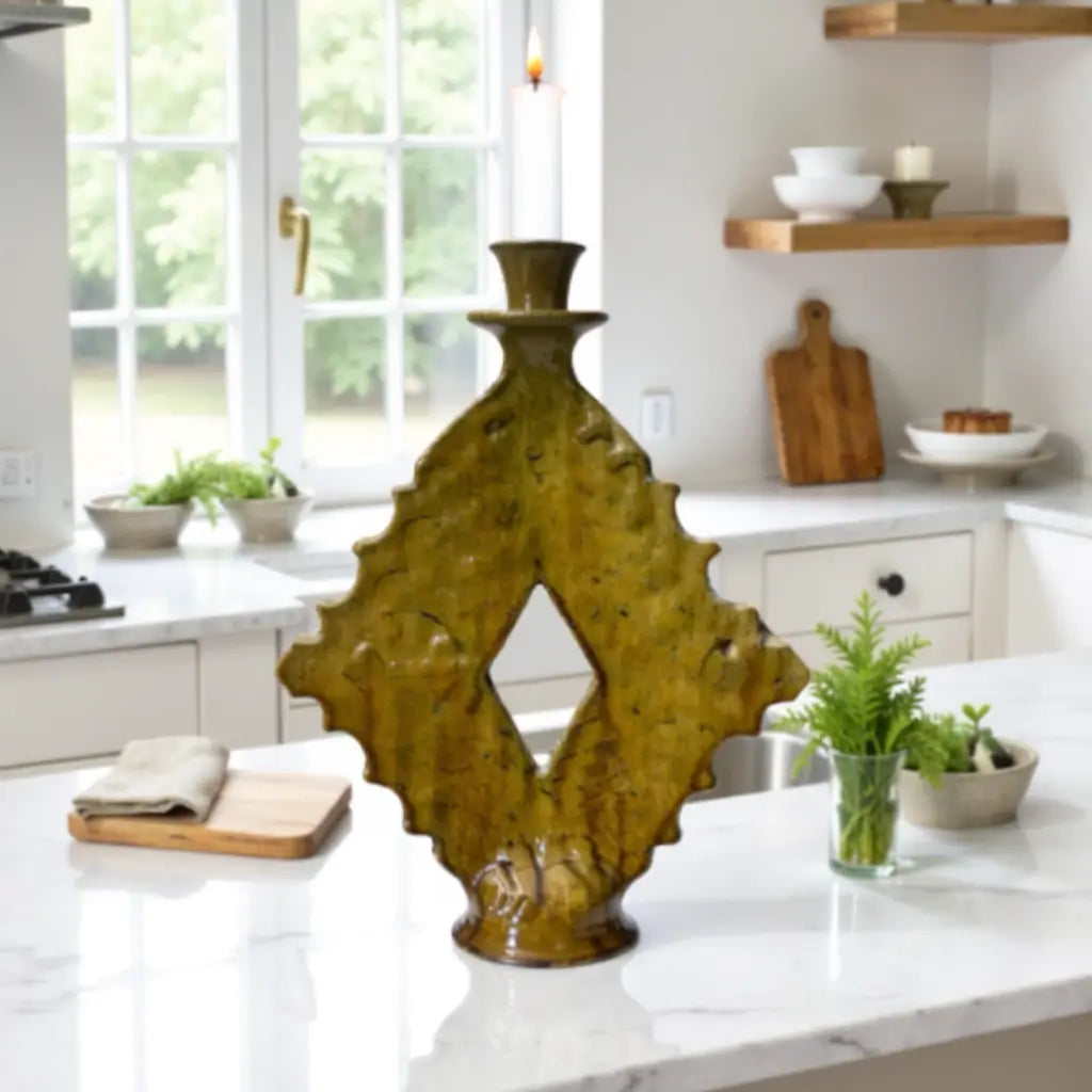 Handmade Tamegroute Diamond Ceramic Candle Holder – Ochre Art Piece 15″ image 6