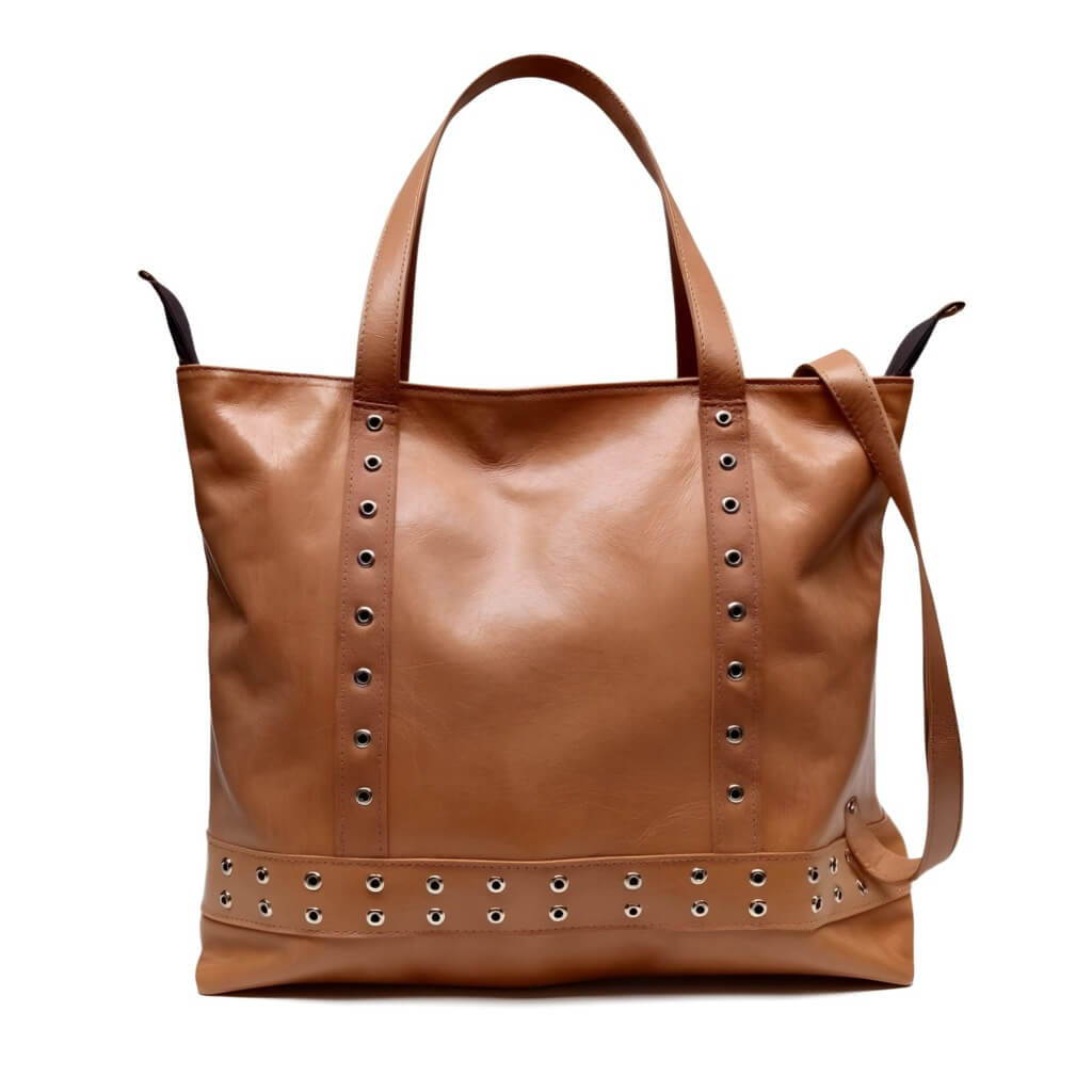 Artisanal Tan Leather Shopper Bag with Studded Rivet Detail image
