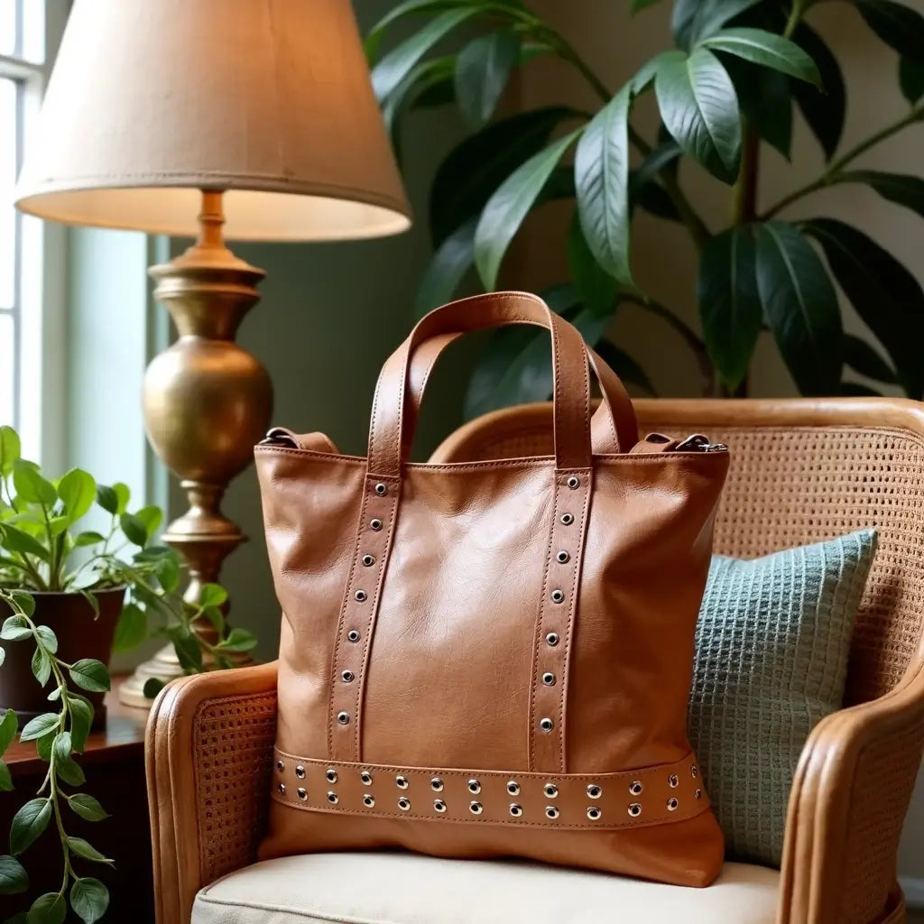 Artisanal Tan Leather Shopper Bag with Studded Rivet Detail image 6