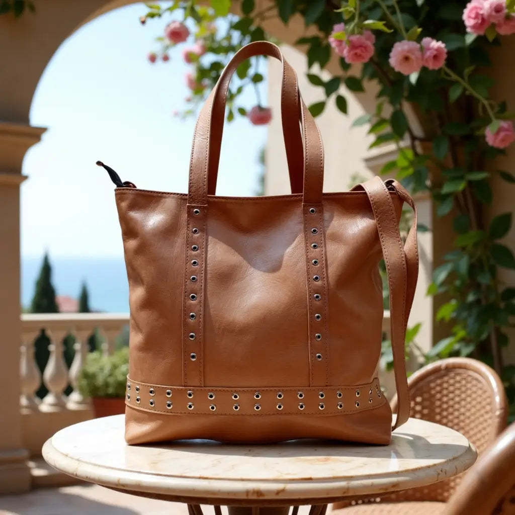Artisanal Tan Leather Shopper Bag with Studded Rivet Detail image 7